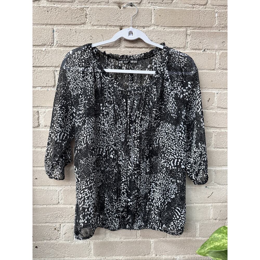 EXPRESS Sheer Black & White Top Polka Dot Lace Flowy Lightweight Blouse MEDIUM